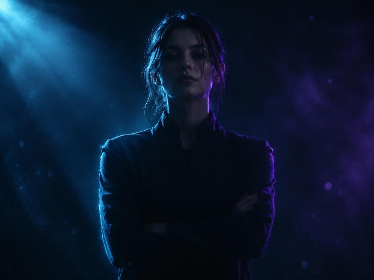 A person standing with arms crossed in dim light